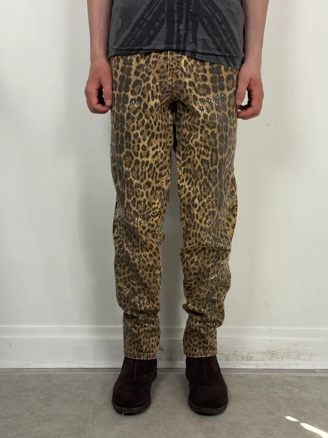 1990s Roberto Cavalli Brown Leopard Print Glitter Pants xiGrQYh 1