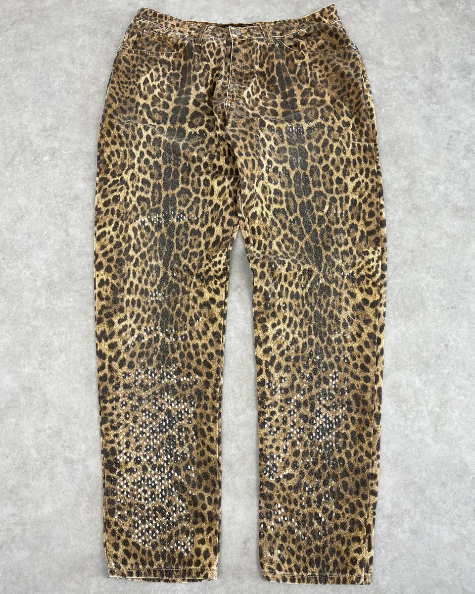 1990s Roberto Cavalli Brown Leopard Print Glitter Pants xiGrQYh 0
