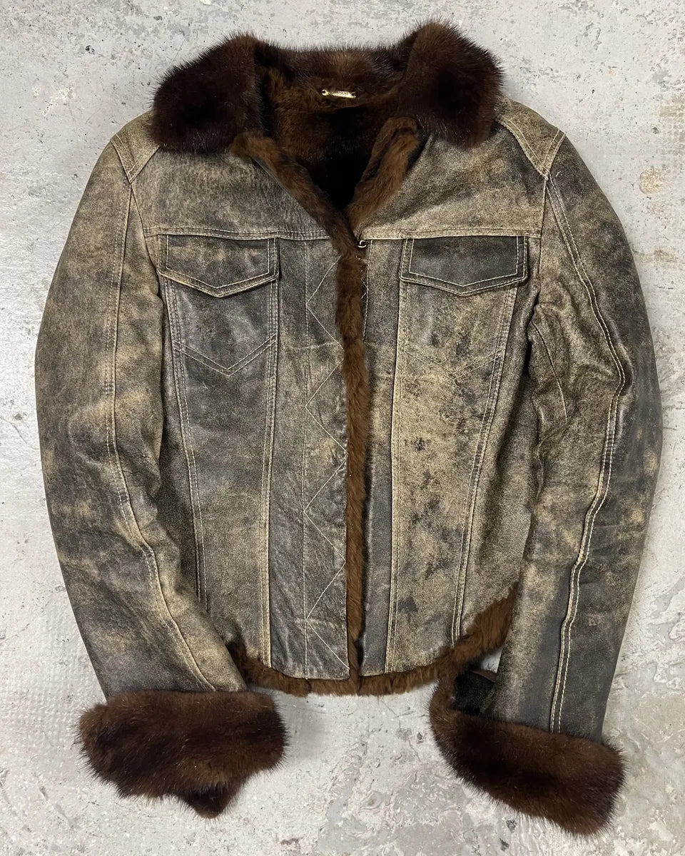 1990s Roberto Cavalli Brown Fur Leather Eroded Brut Jacket (S/M) 0