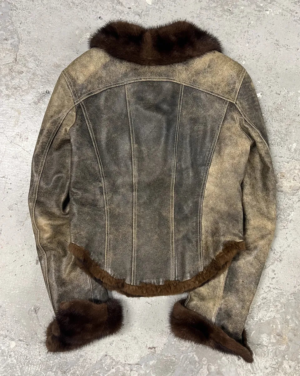 1990s Roberto Cavalli Brown Fur Leather Eroded Brut Jacket (S/M) 1