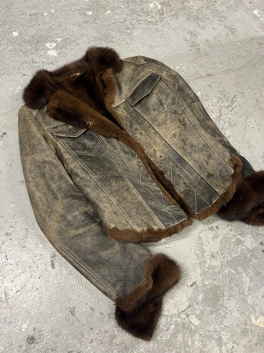 1990s Roberto Cavalli Brown Fur Leather Eroded Brut Jacket (S/M) 3
