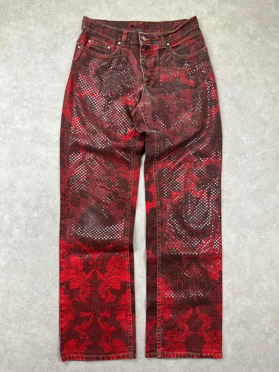 1990s Roberto Cavalli Burgundy Denim Baroque Print Jeans tWYspEV 0