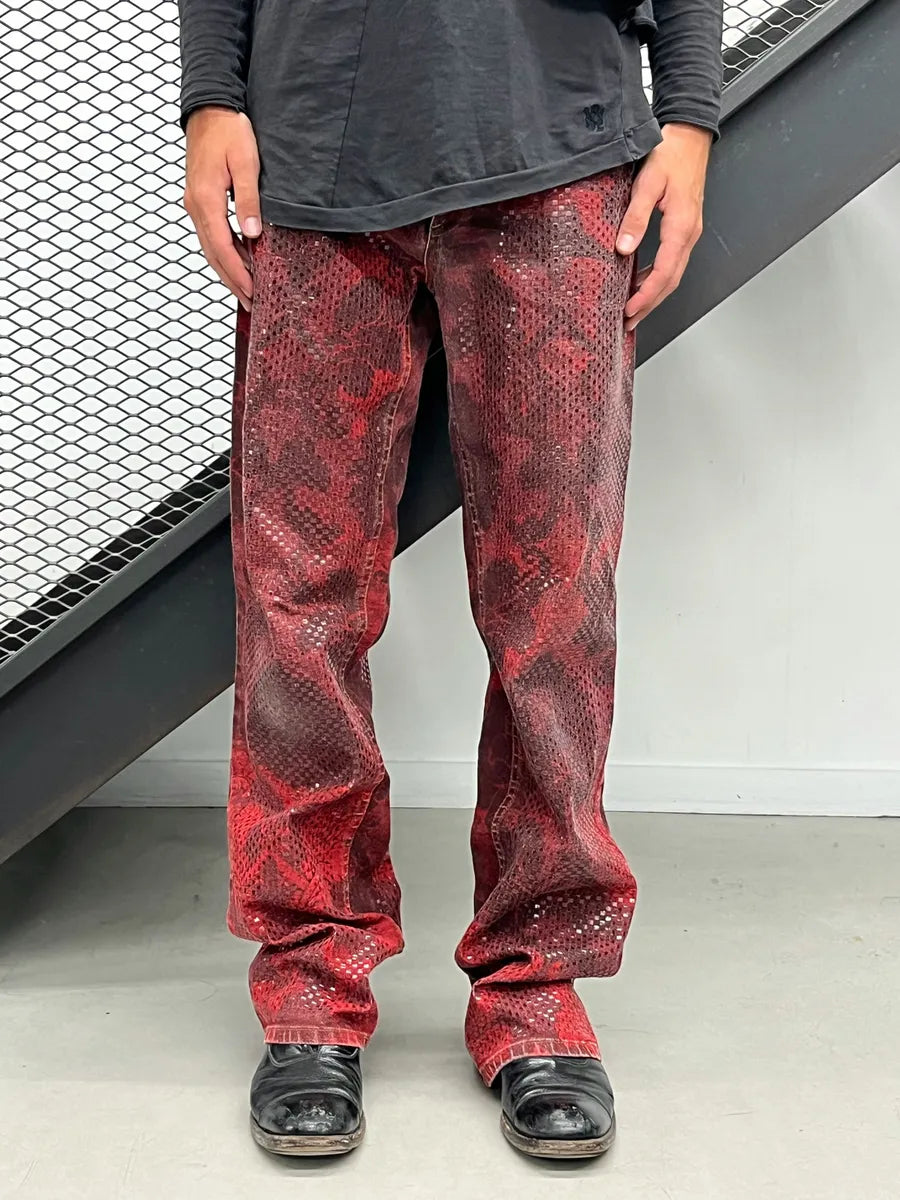 1990s Roberto Cavalli Burgundy Denim Baroque Print Jeans tWYspEV 1