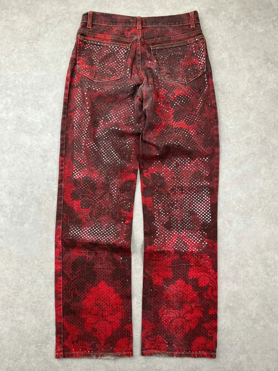 1990s Roberto Cavalli Burgundy Denim Baroque Print Jeans tWYspEV 4