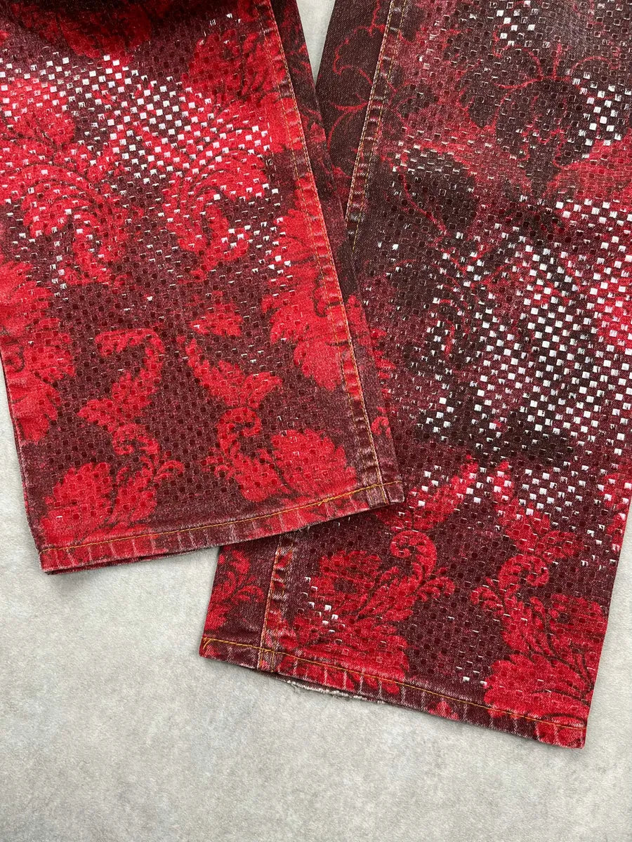 1990s Roberto Cavalli Burgundy Denim Baroque Print Jeans tWYspEV 5