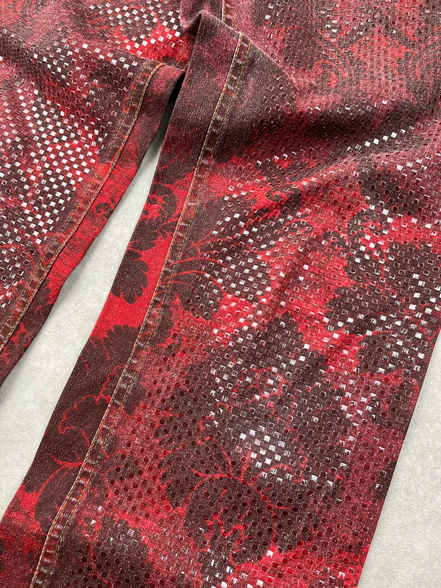 1990s Roberto Cavalli Burgundy Denim Baroque Print Jeans tWYspEV 6