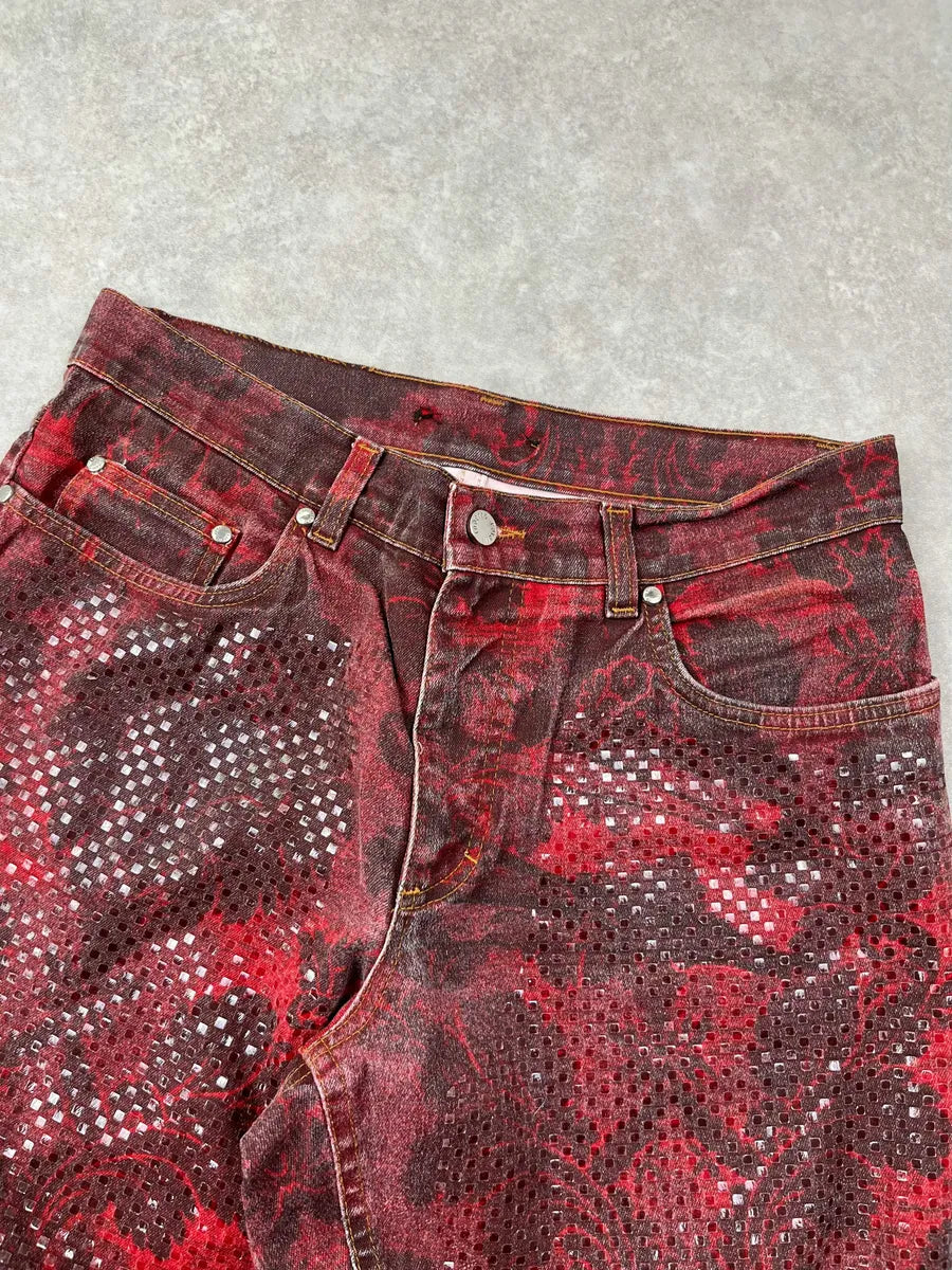 1990s Roberto Cavalli Burgundy Denim Baroque Print Jeans tWYspEV 7