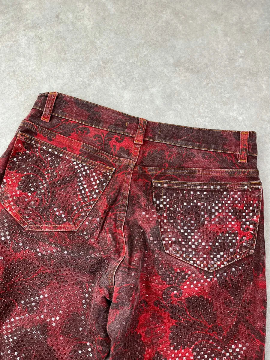 1990s Roberto Cavalli Burgundy Denim Baroque Print Jeans tWYspEV 8