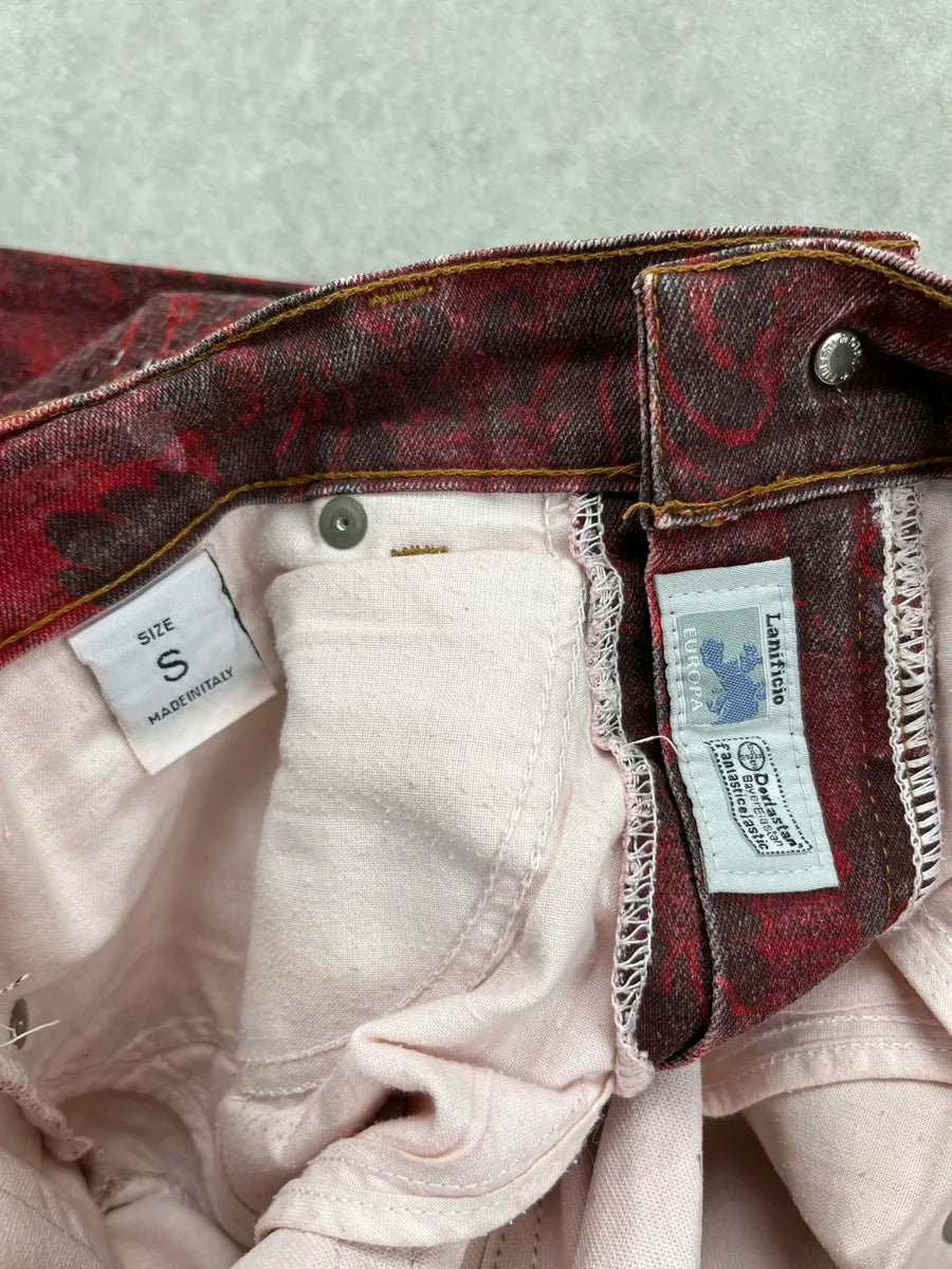 1990s Roberto Cavalli Burgundy Denim Baroque Print Jeans tWYspEV 9