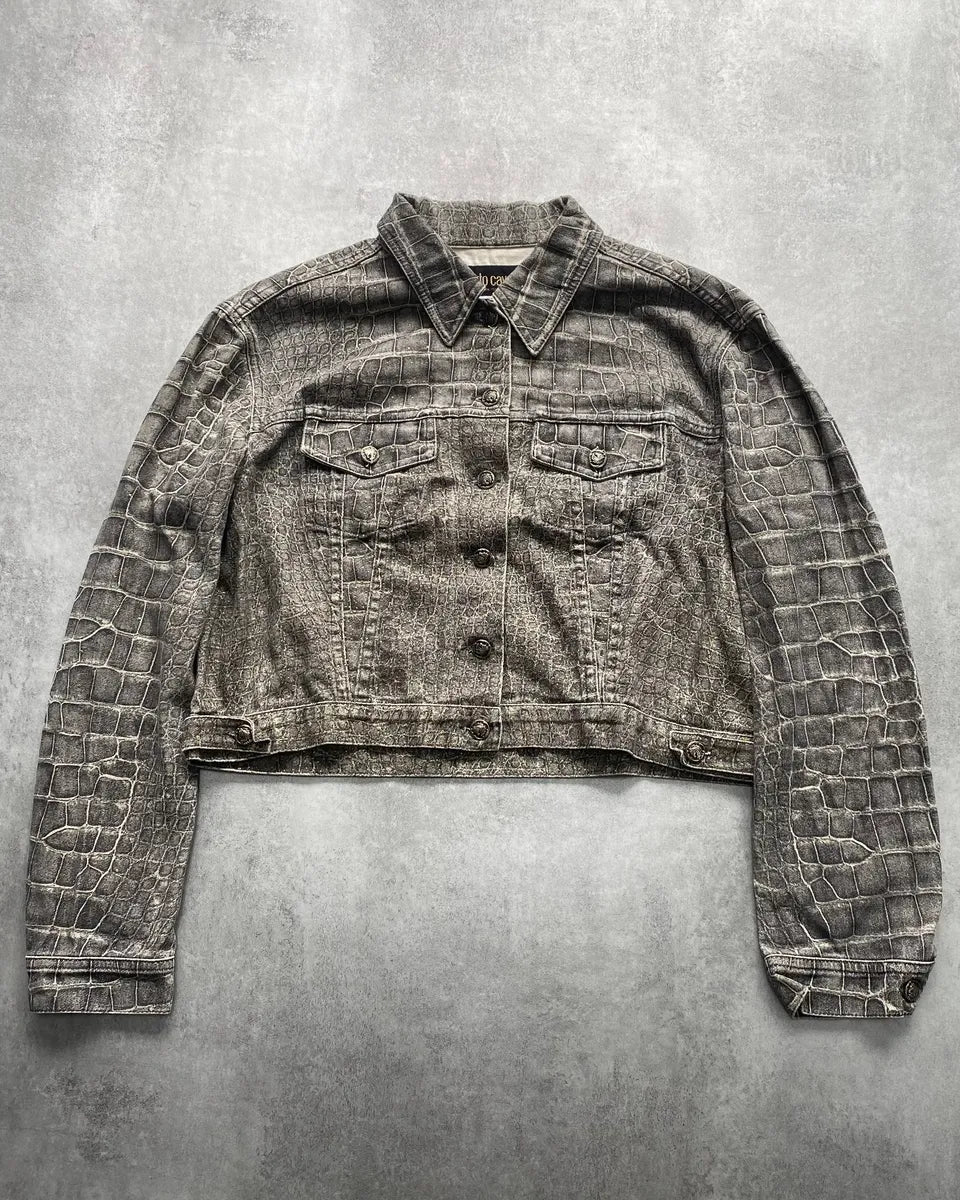 AW1999 Roberto Cavalli Crocodile Printed Cropped Denim Jacket (M) dCqkhmi 3