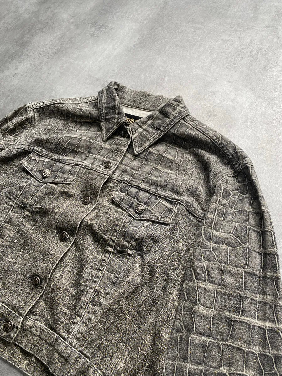 AW1999 Roberto Cavalli Crocodile Printed Cropped Denim Jacket (M) dCqkhmi 4