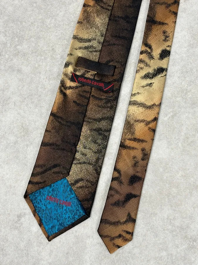 1990s Roberto Cavalli Khaki Silk Animal Print TIE fFmyjza 6