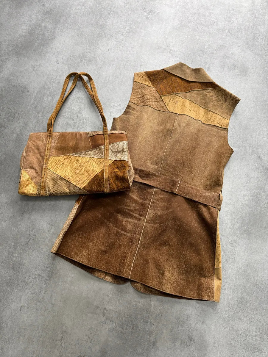 1990s Roberto Cavalli Leather Patchwork Jacket & Bag Set bzFdaCu 5