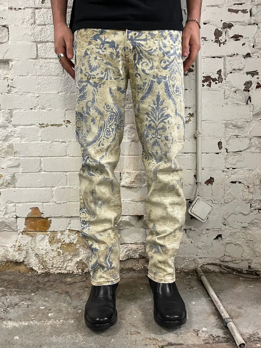 1990s Roberto Cavalli Mozaic Faded Beige & Blue Jeans OFvnDpP 1