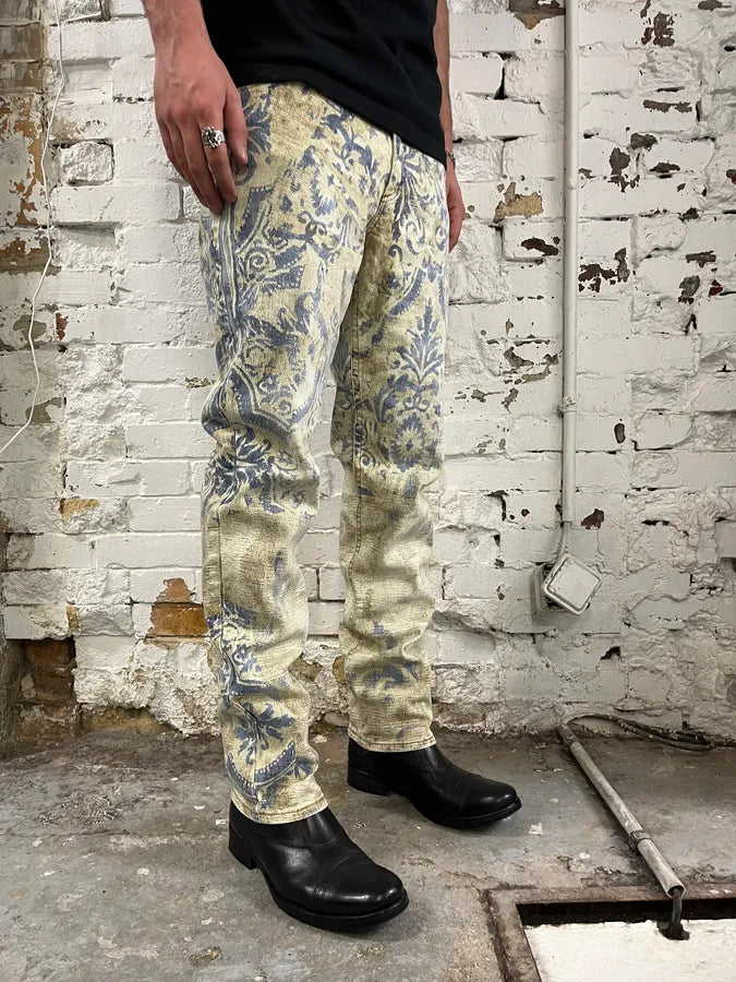1990s Roberto Cavalli Mozaic Faded Beige & Blue Jeans OFvnDpP 2