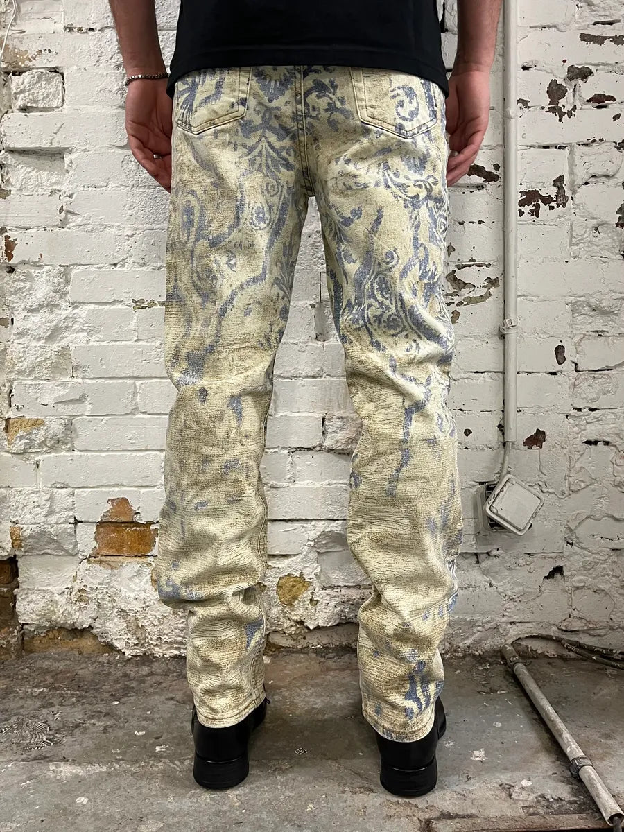 1990s Roberto Cavalli Mozaic Faded Beige & Blue Jeans OFvnDpP 3