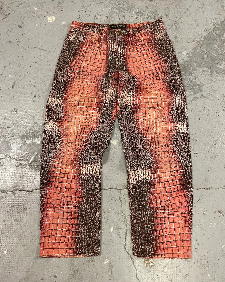 1990s Roberto Cavalli Red Crocodile Print Pants (M) 0