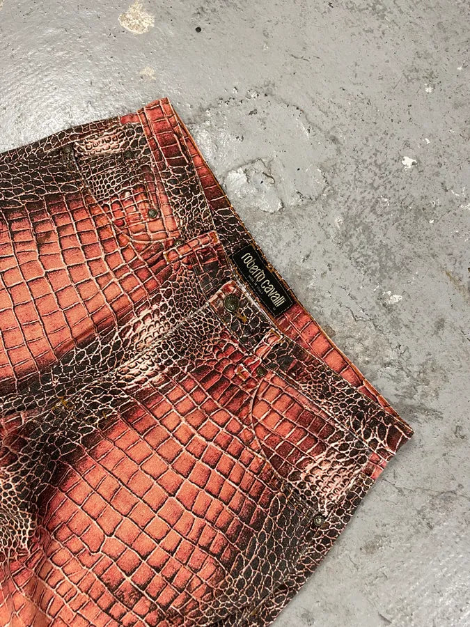 1990s Roberto Cavalli Red Crocodile Print Pants (M) 2