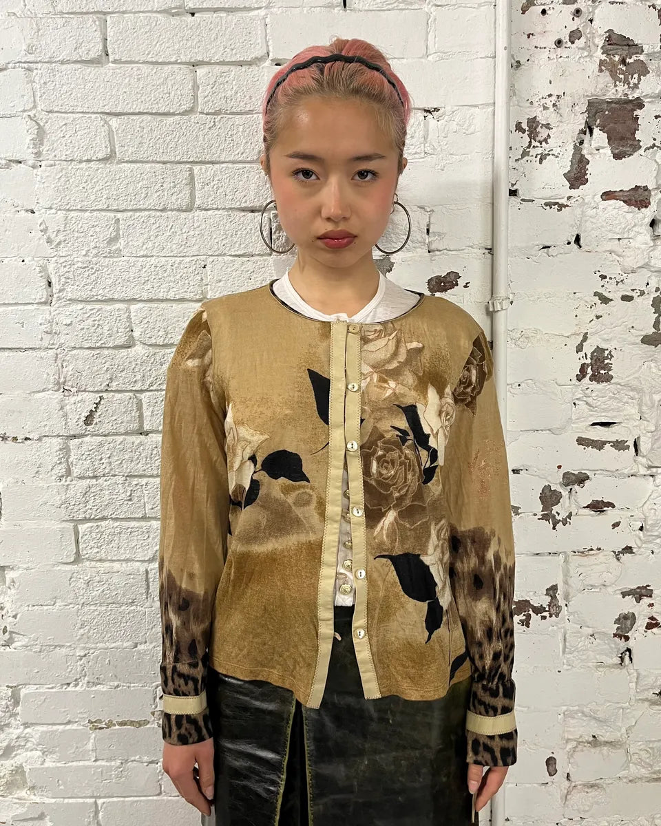 1990s Roberto Cavalli Rose Leopard Gradient Wool Beige Cardigan ikpXqex 0
