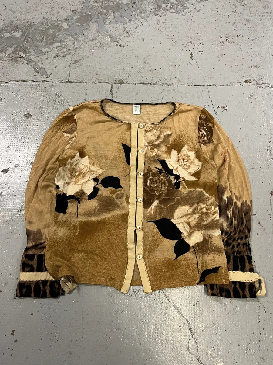 1990s Roberto Cavalli Rose Leopard Gradient Wool Beige Cardigan ikpXqex 2