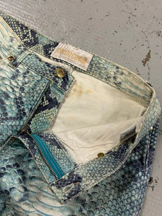 2000s Roberto Cavalli White & Blue Snakeskin Effect Pants JBKeGhO 8