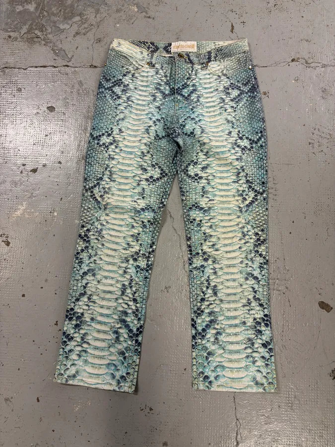 2000s Roberto Cavalli White & Blue Snakeskin Effect Pants JBKeGhO 2