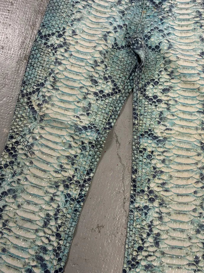 2000s Roberto Cavalli White & Blue Snakeskin Effect Pants JBKeGhO 7