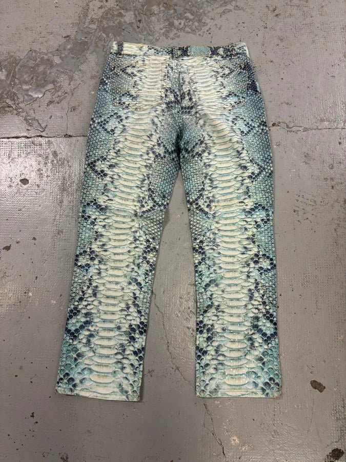 2000s Roberto Cavalli White & Blue Snakeskin Effect Pants JBKeGhO 4