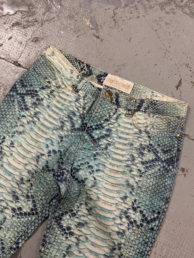 2000s Roberto Cavalli White & Blue Snakeskin Effect Pants JBKeGhO 3