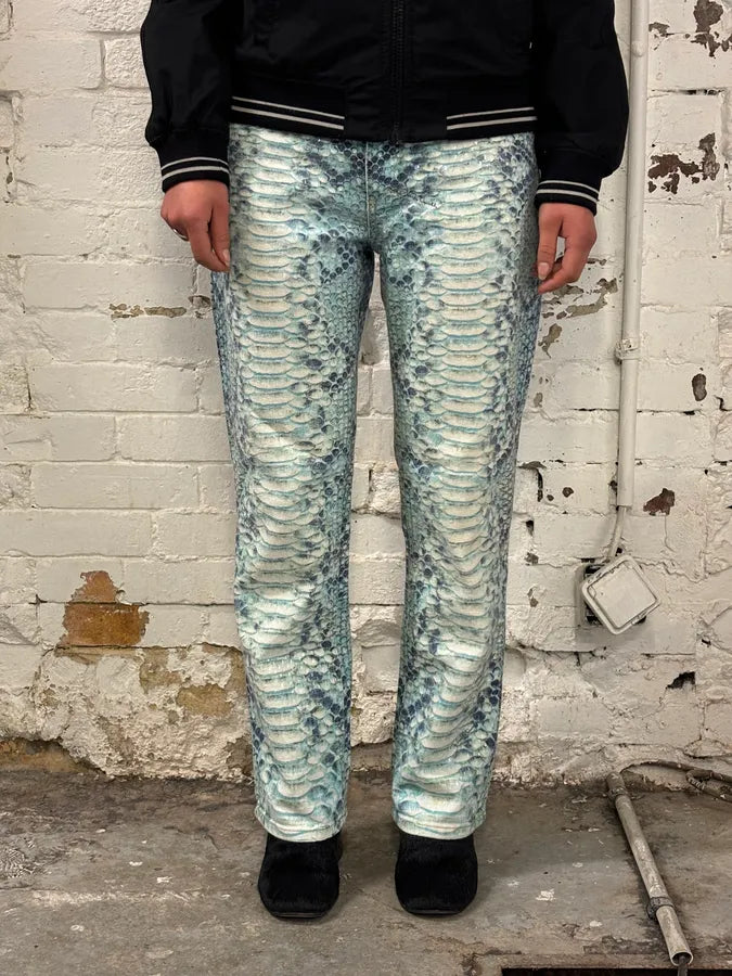 2000s Roberto Cavalli White & Blue Snakeskin Effect Pants JBKeGhO 0