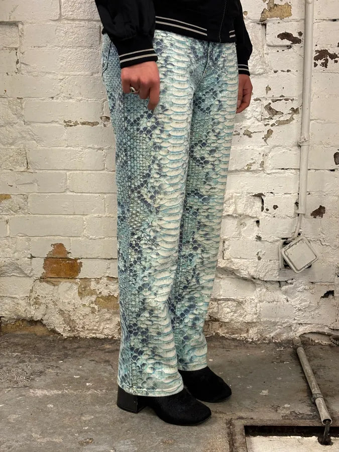 2000s Roberto Cavalli White & Blue Snakeskin Effect Pants JBKeGhO 1
