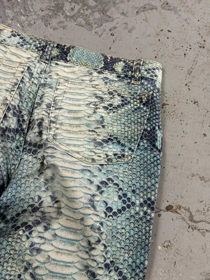 2000s Roberto Cavalli White & Blue Snakeskin Effect Pants JBKeGhO 6