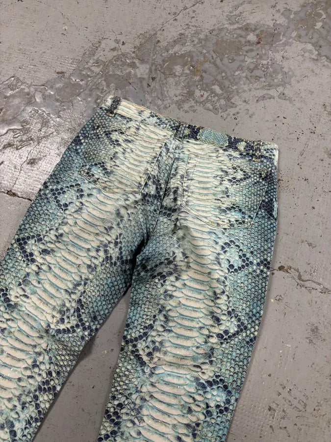 2000s Roberto Cavalli White & Blue Snakeskin Effect Pants JBKeGhO 5