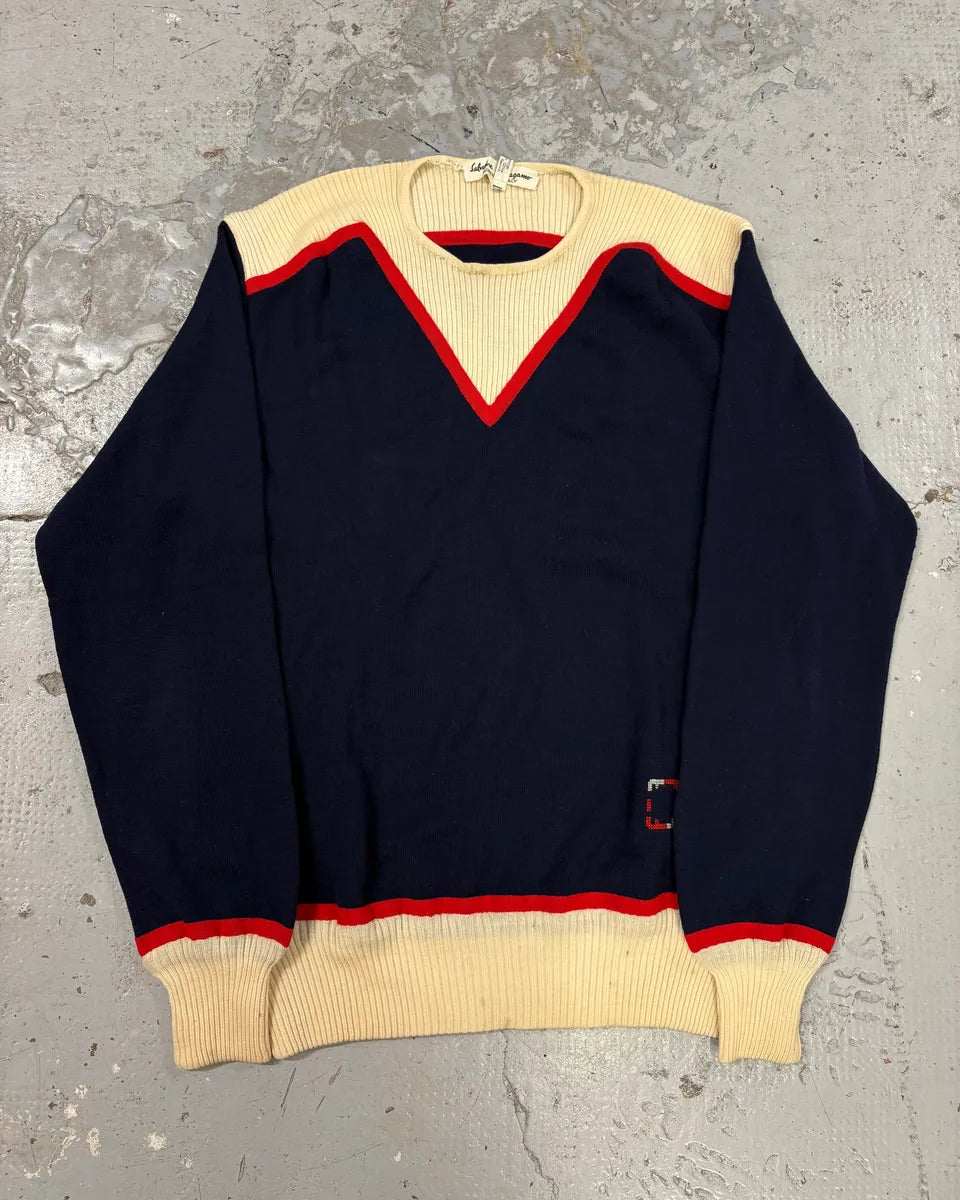1990s Salvatore Ferragamo Navy & Creamy Sweater noklZGl 0