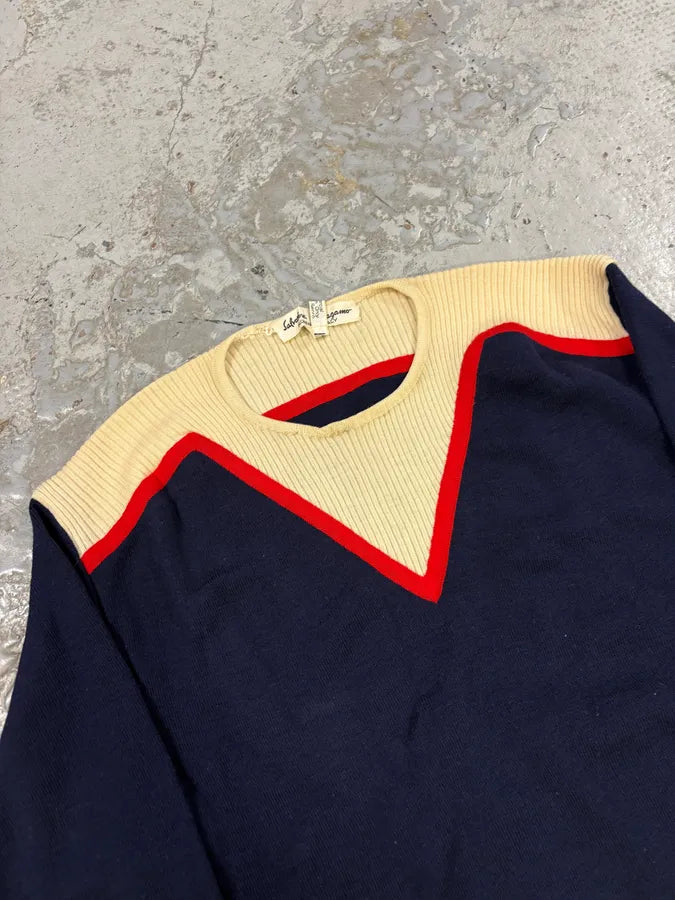 1990s Salvatore Ferragamo Navy & Creamy Sweater noklZGl 4