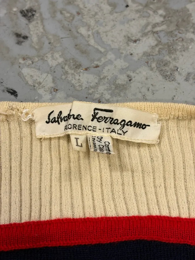 1990s Salvatore Ferragamo Navy & Creamy Sweater noklZGl 6