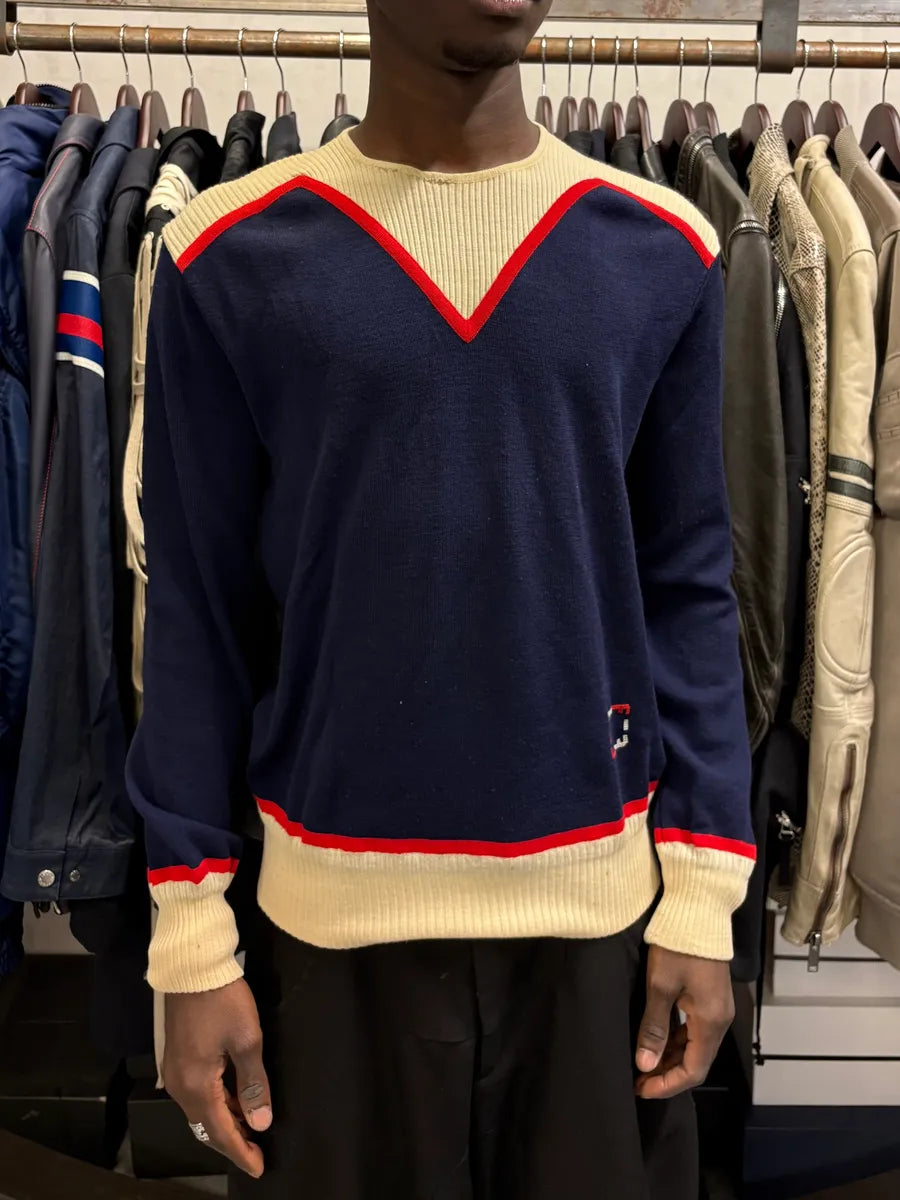 1990s Salvatore Ferragamo Navy & Creamy Sweater noklZGl 1