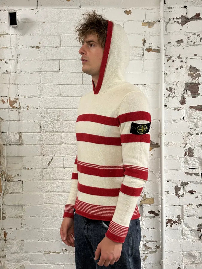 2010s Stone Island Cream Red Striped Wool Compass Patch Hoodie RaLPrfu 2