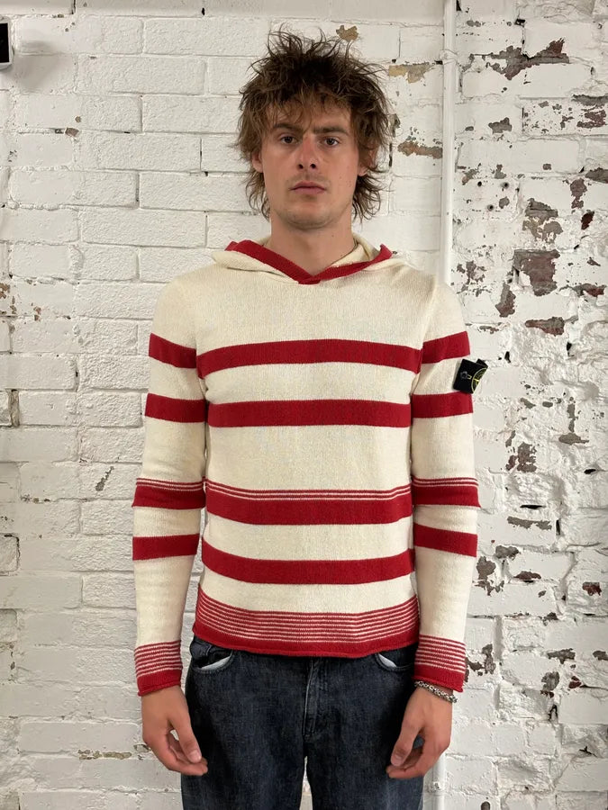 2010s Stone Island Cream Red Striped Wool Compass Patch Hoodie RaLPrfu 1