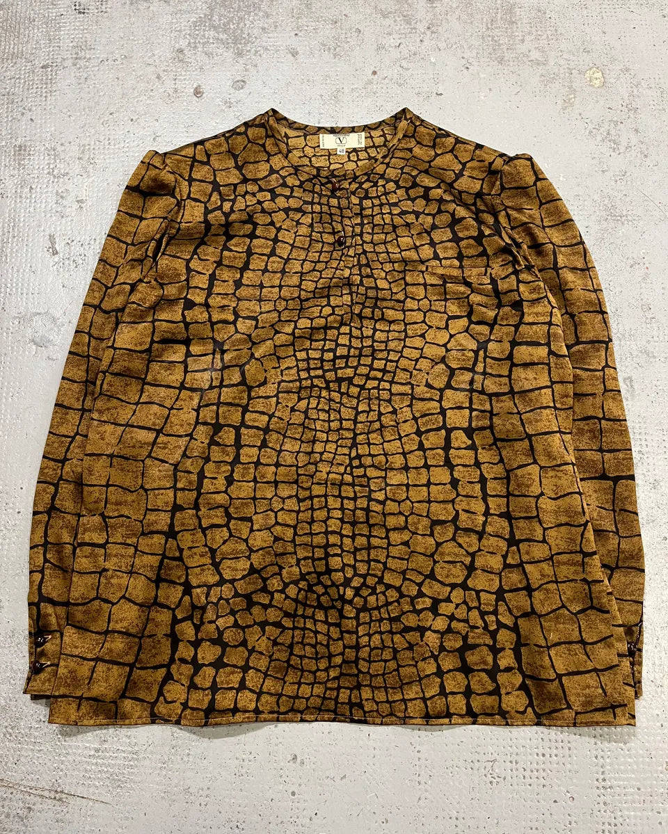 1990s Valentino Brown Silk Crocodile Effect Buttoned Blouse IpjJYeb 0