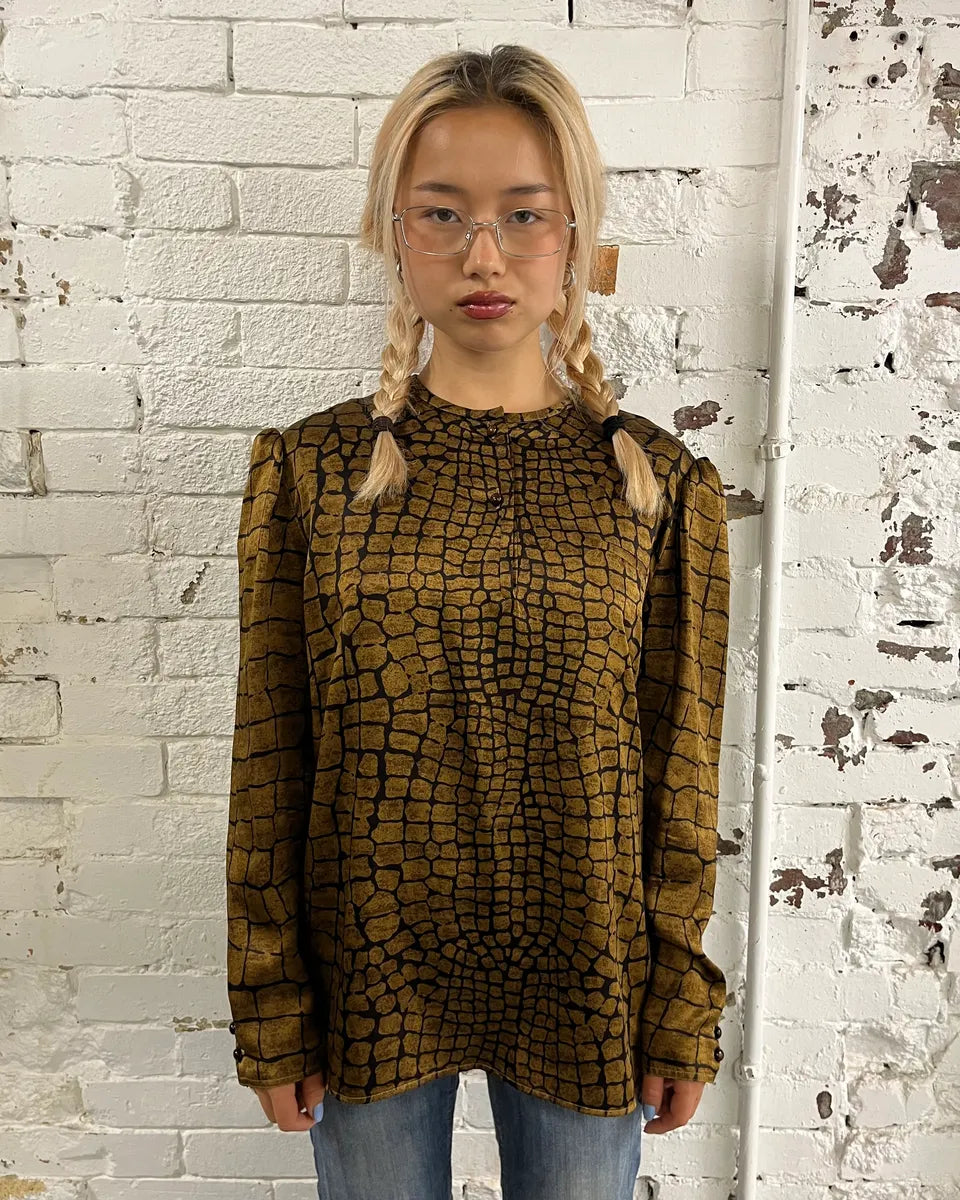 1990s Valentino Brown Silk Crocodile Effect Buttoned Blouse IpjJYeb 1