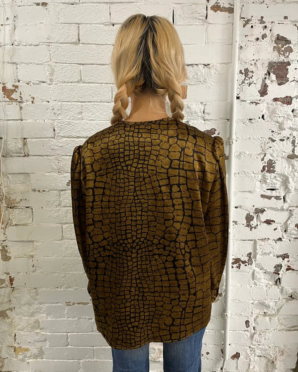 1990s Valentino Brown Silk Crocodile Effect Buttoned Blouse IpjJYeb 2