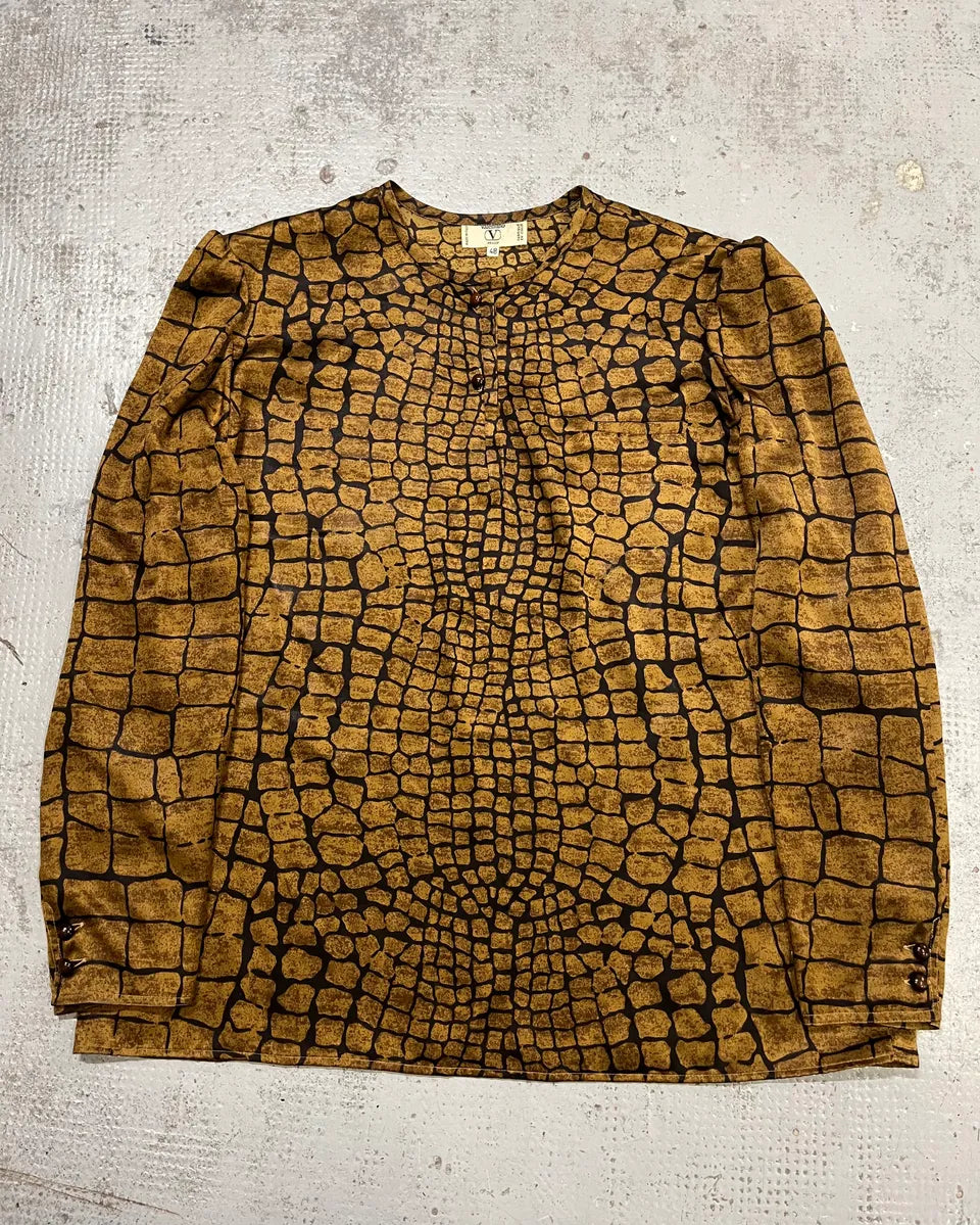 1990s Valentino Brown Silk Crocodile Effect Buttoned Blouse IpjJYeb 3