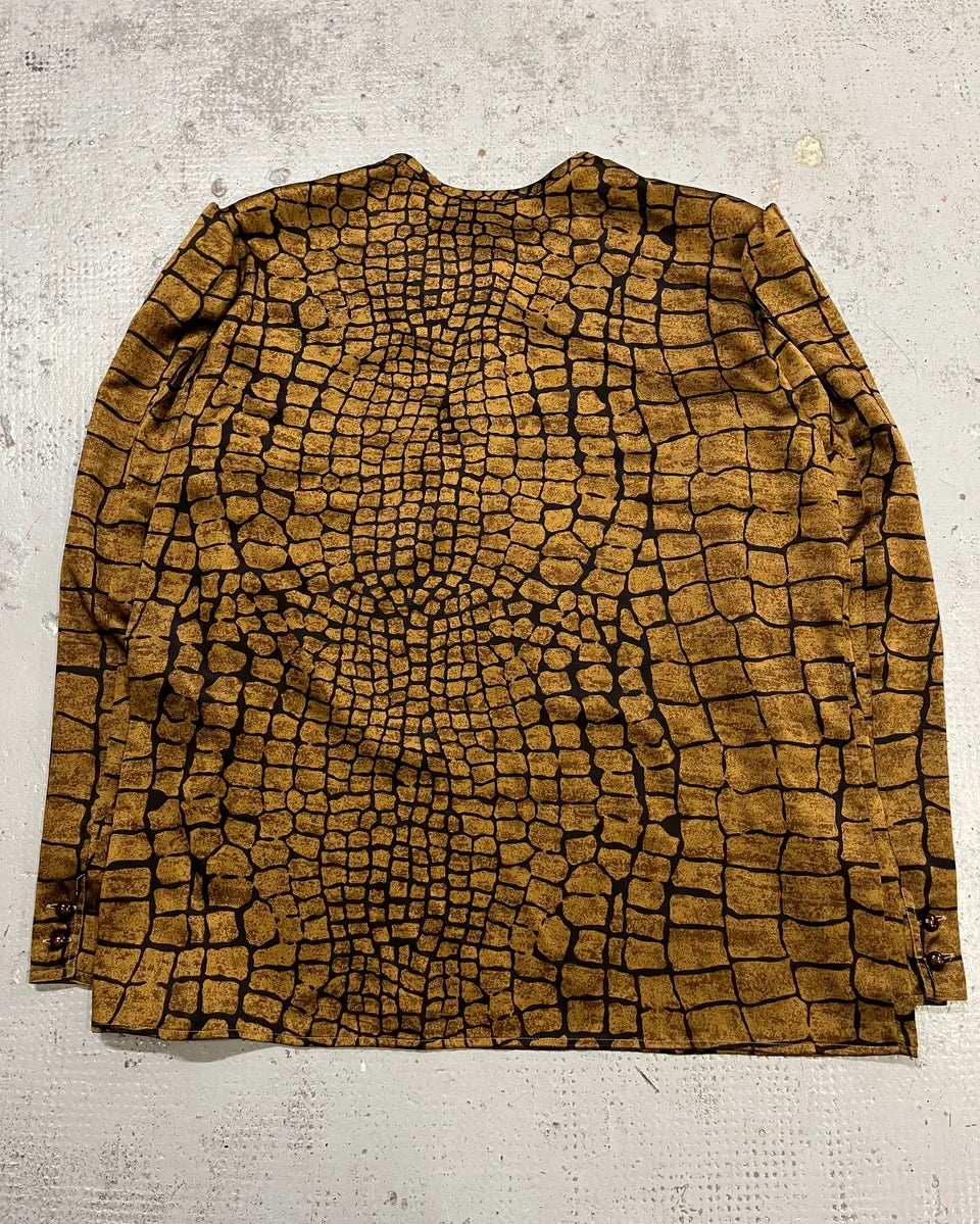 1990s Valentino Brown Silk Crocodile Effect Buttoned Blouse IpjJYeb 7