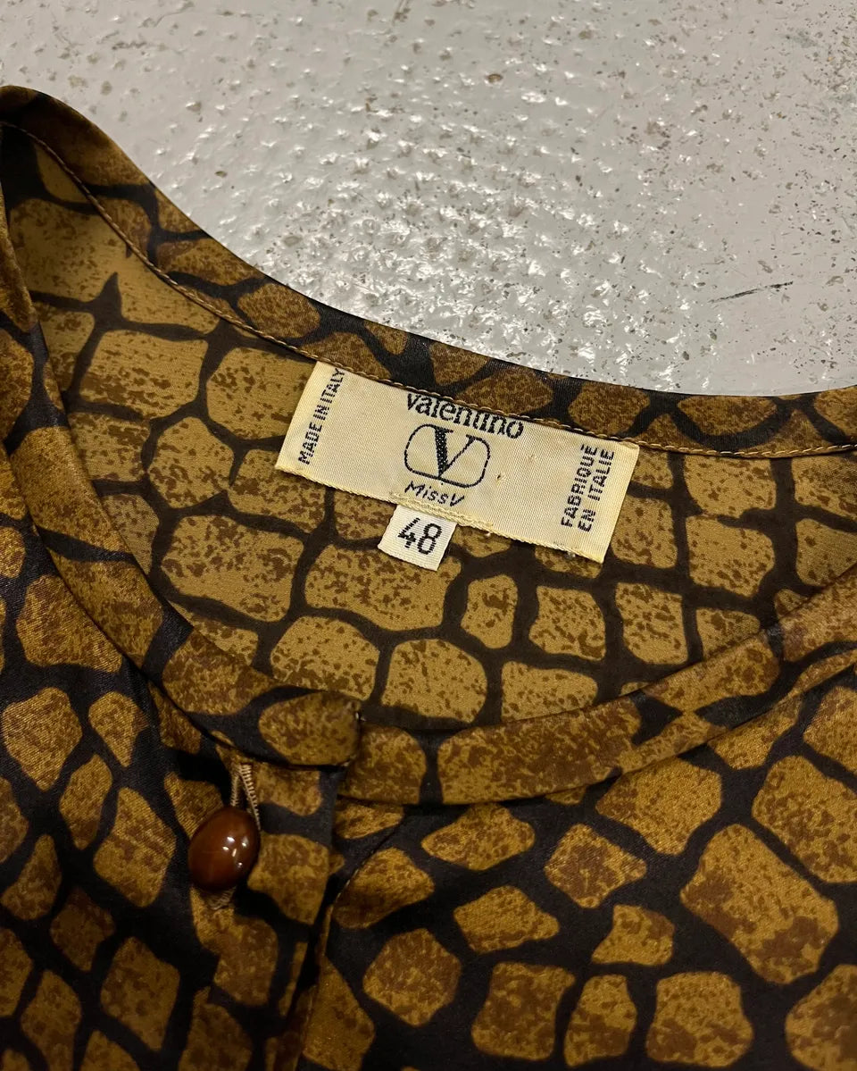 1990s Valentino Brown Silk Crocodile Effect Buttoned Blouse IpjJYeb 8