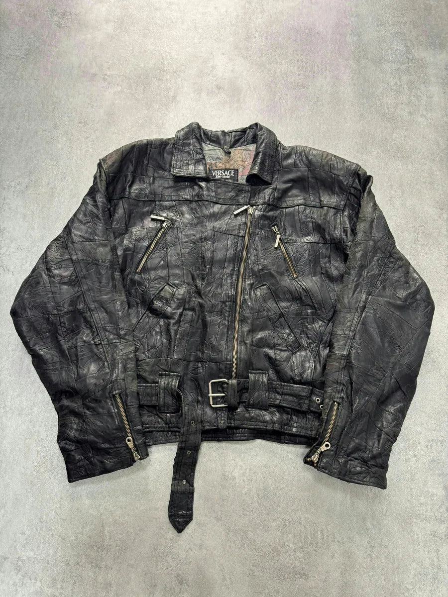 1990s Versace Asymmetrical Black Patchwork Leather Bomber Jacket gaKkwDo 0