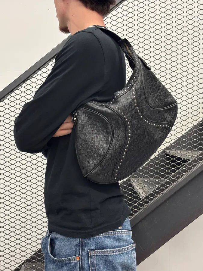 1990s Versace Black Leather Studded Shoulder Bag PcbXlXc 2
