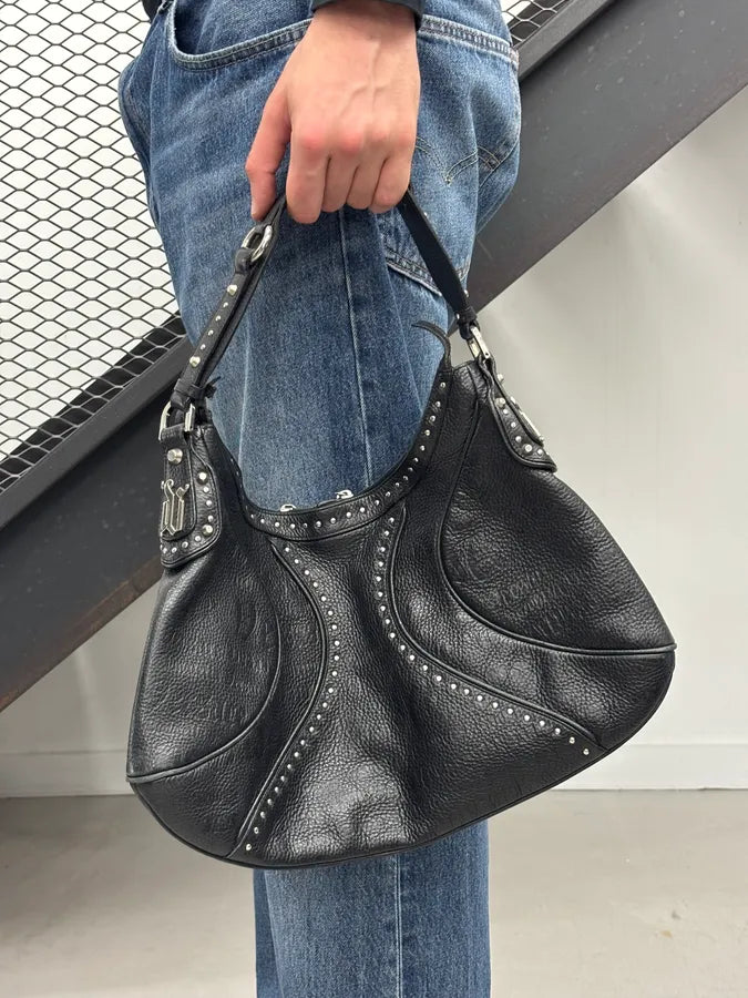 1990s Versace Black Leather Studded Shoulder Bag PcbXlXc 1