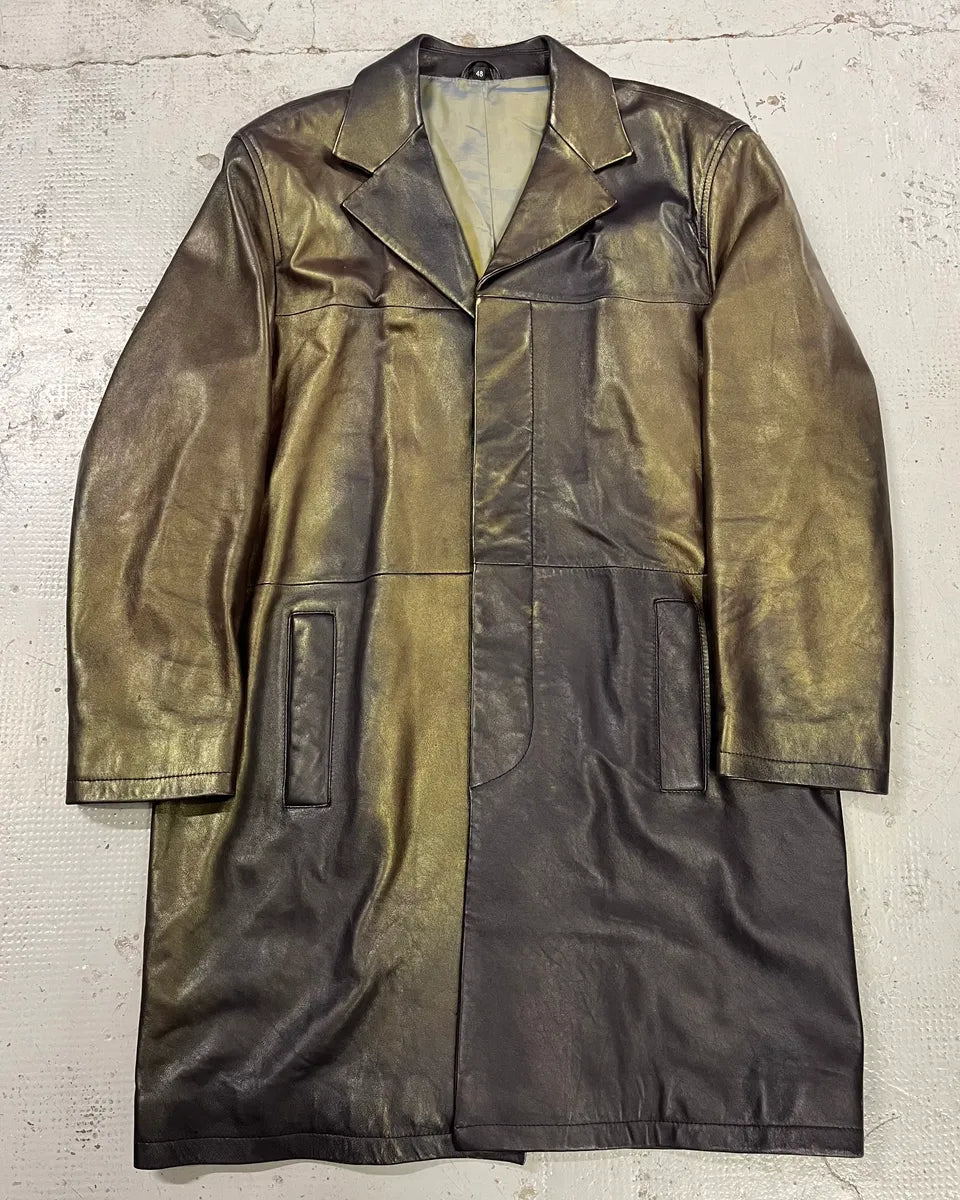 1990s Versace Brown Metallic Gold Leather Coat jSkCsmh 0
