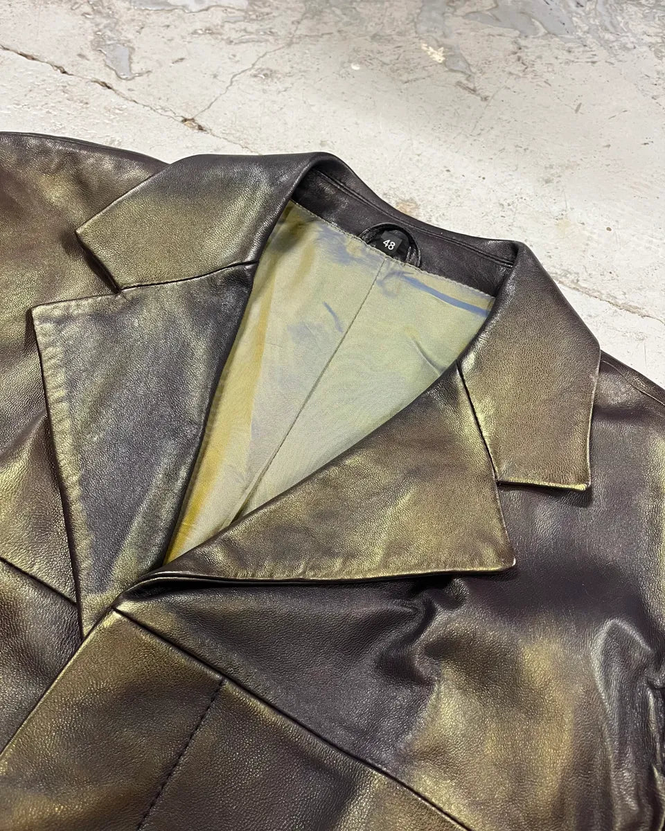 1990s Versace Brown Metallic Gold Leather Coat jSkCsmh 4
